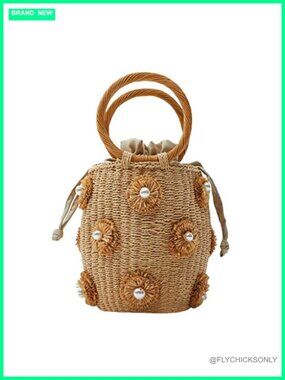 Natural Rattan Straw Tote Bag Beach Drawstring Bucket Handbag Woven